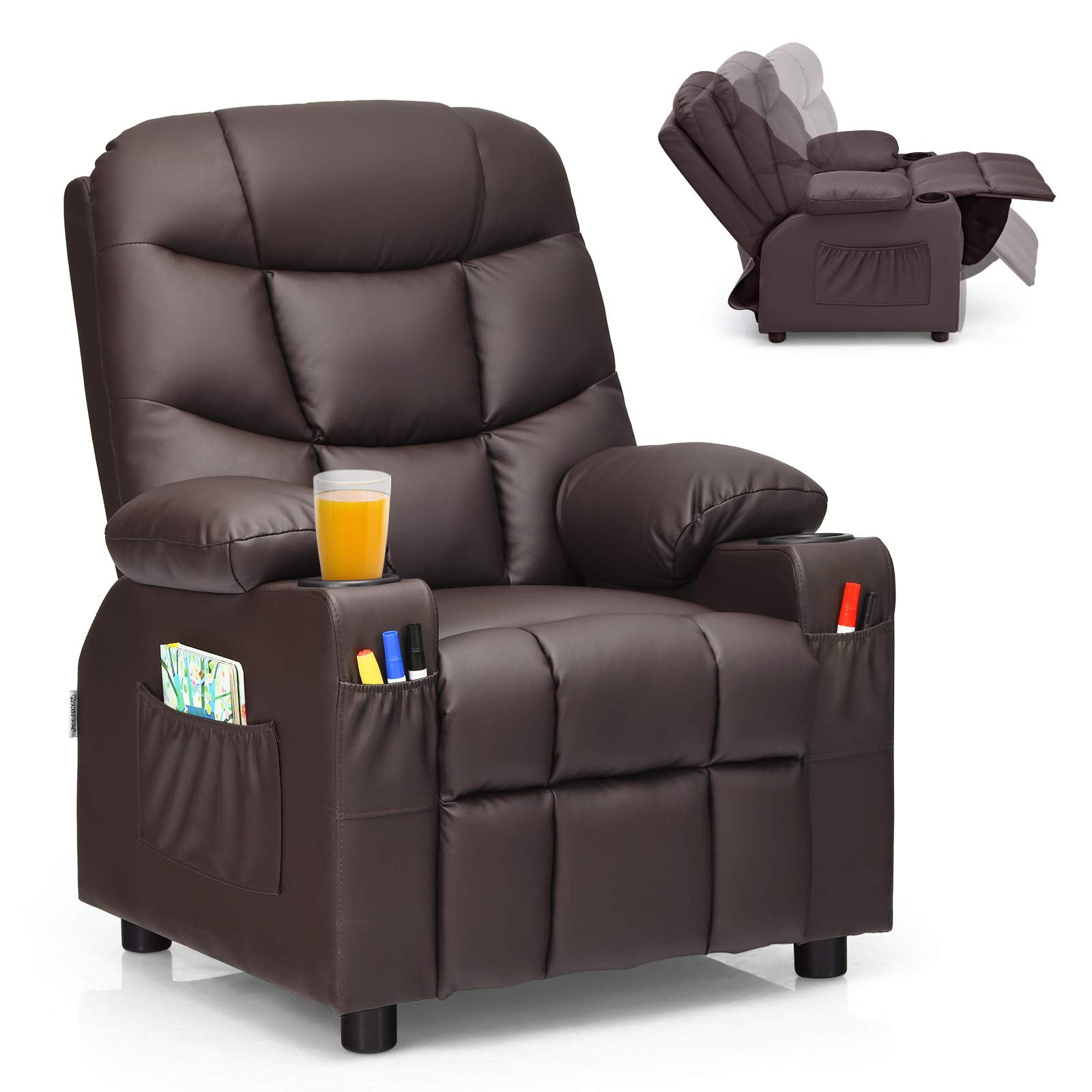 Kids Recliner Chair with Cup Holder, Adjustable Leather Lounge with Footrest & Side Pockets