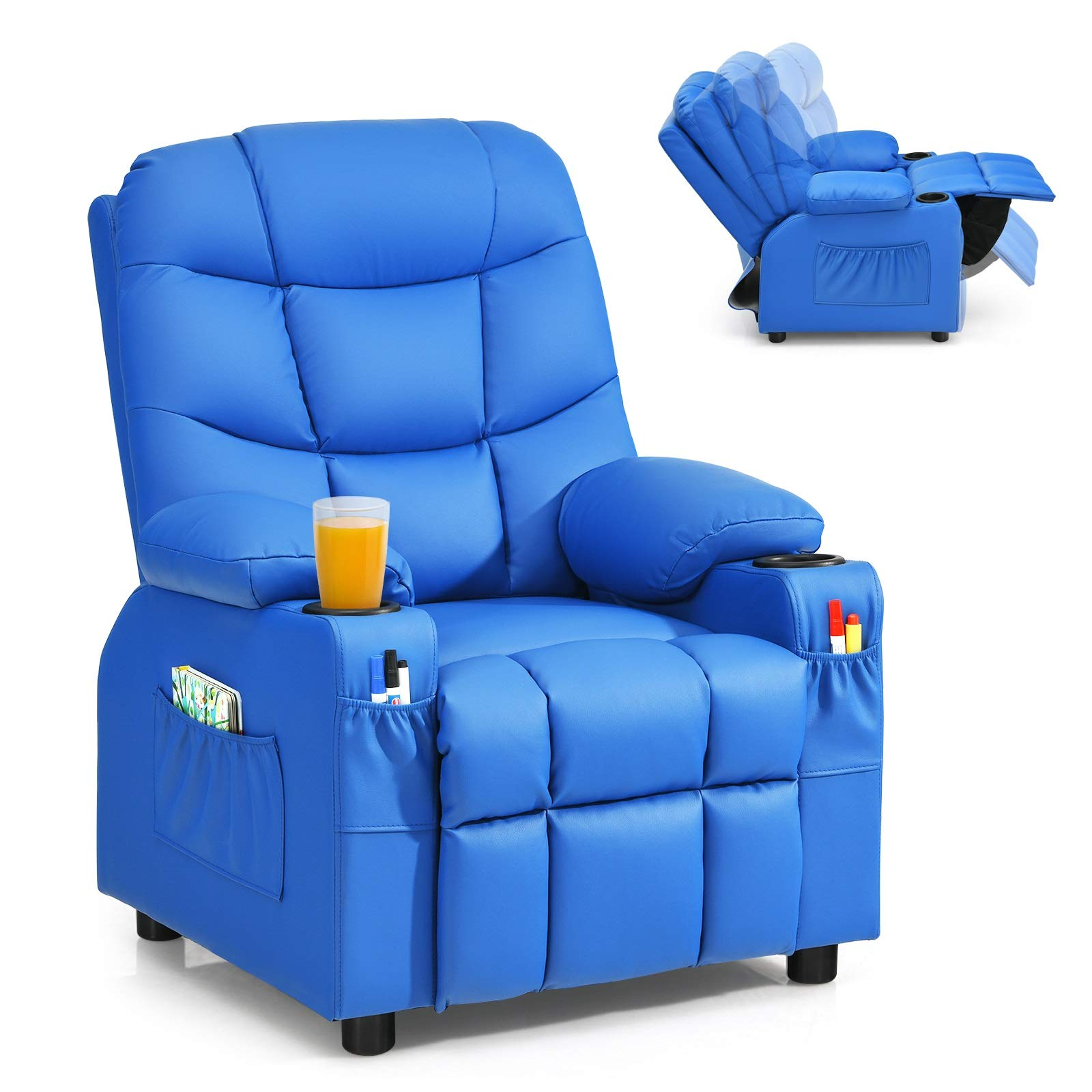 Kids Recliner Chair with Cup Holder, Adjustable Leather Lounge with Footrest & Side Pockets