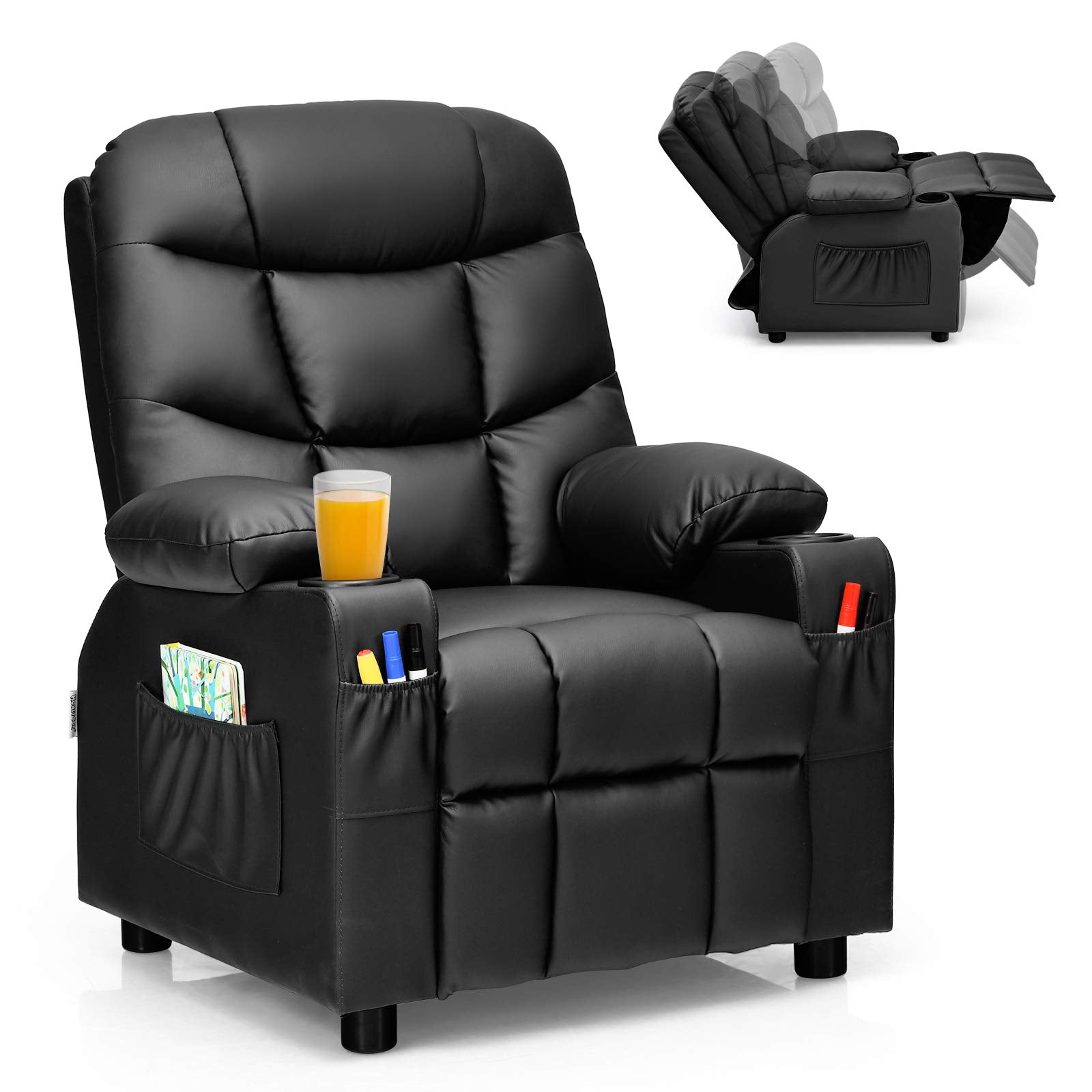Kids Recliner Chair with Cup Holder, Adjustable Leather Lounge with Footrest & Side Pockets