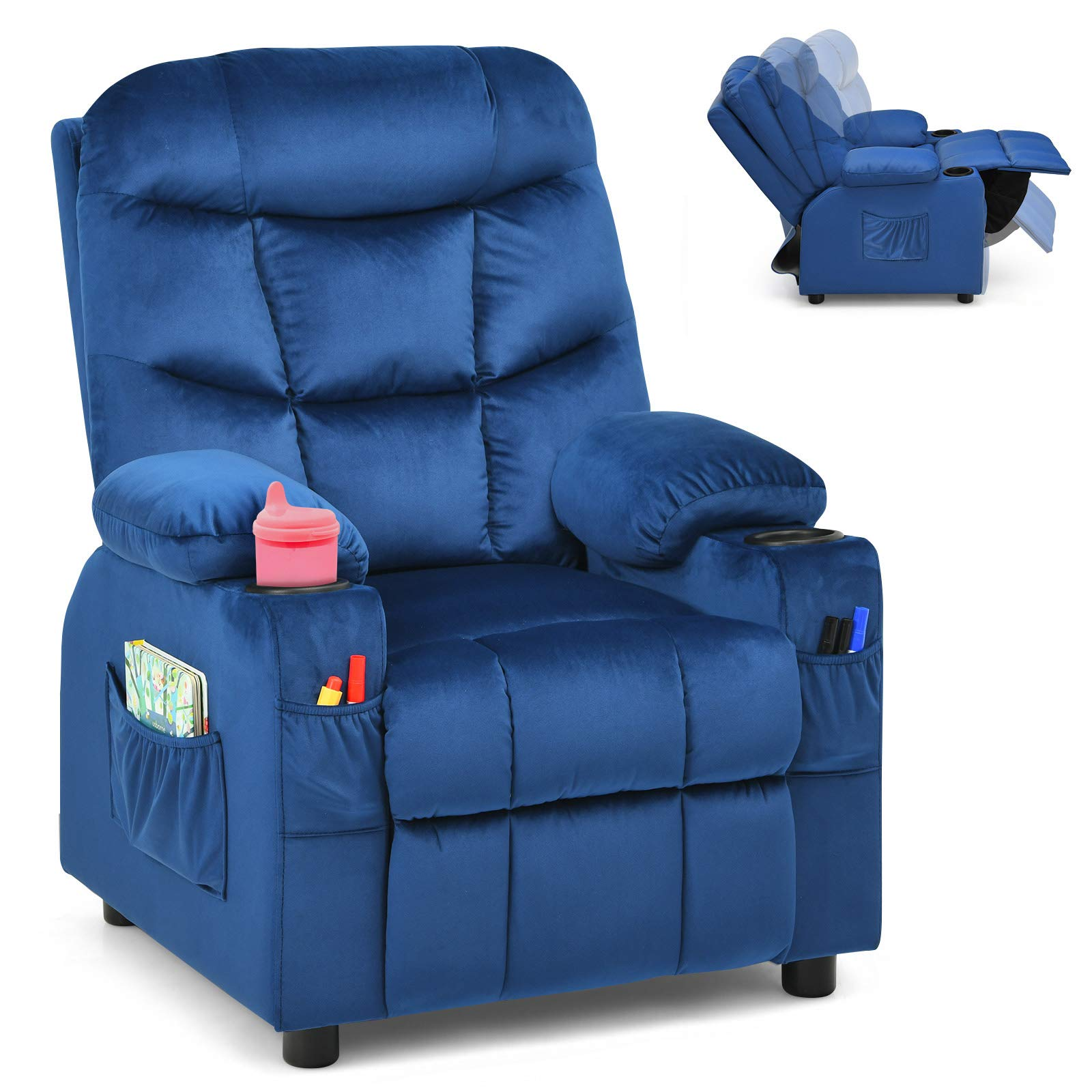 Kids Recliner Chair with Cup Holder, Adjustable Velvet Lounge, Ergonomic Toddler Sofa