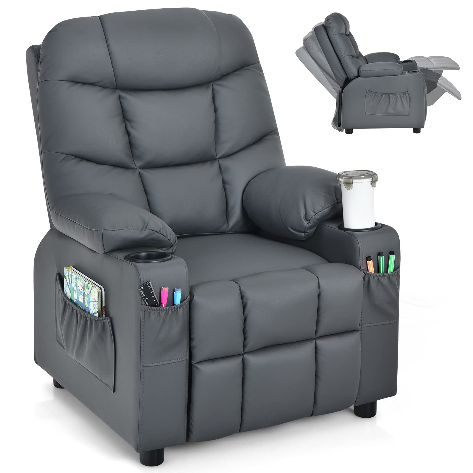 Kids Recliner Chair with Cup Holder, Adjustable Leather Lounge with Footrest & Side Pockets