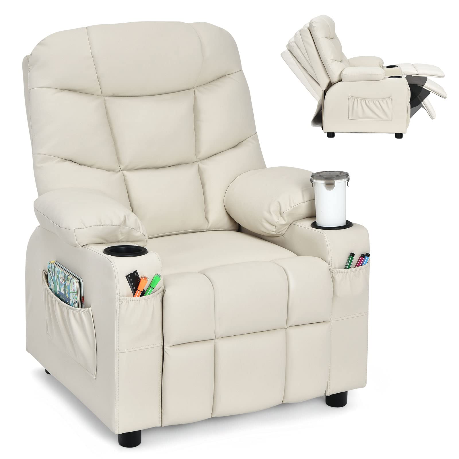 Kids Recliner Chair with Cup Holder, Adjustable Leather Lounge with Footrest & Side Pockets