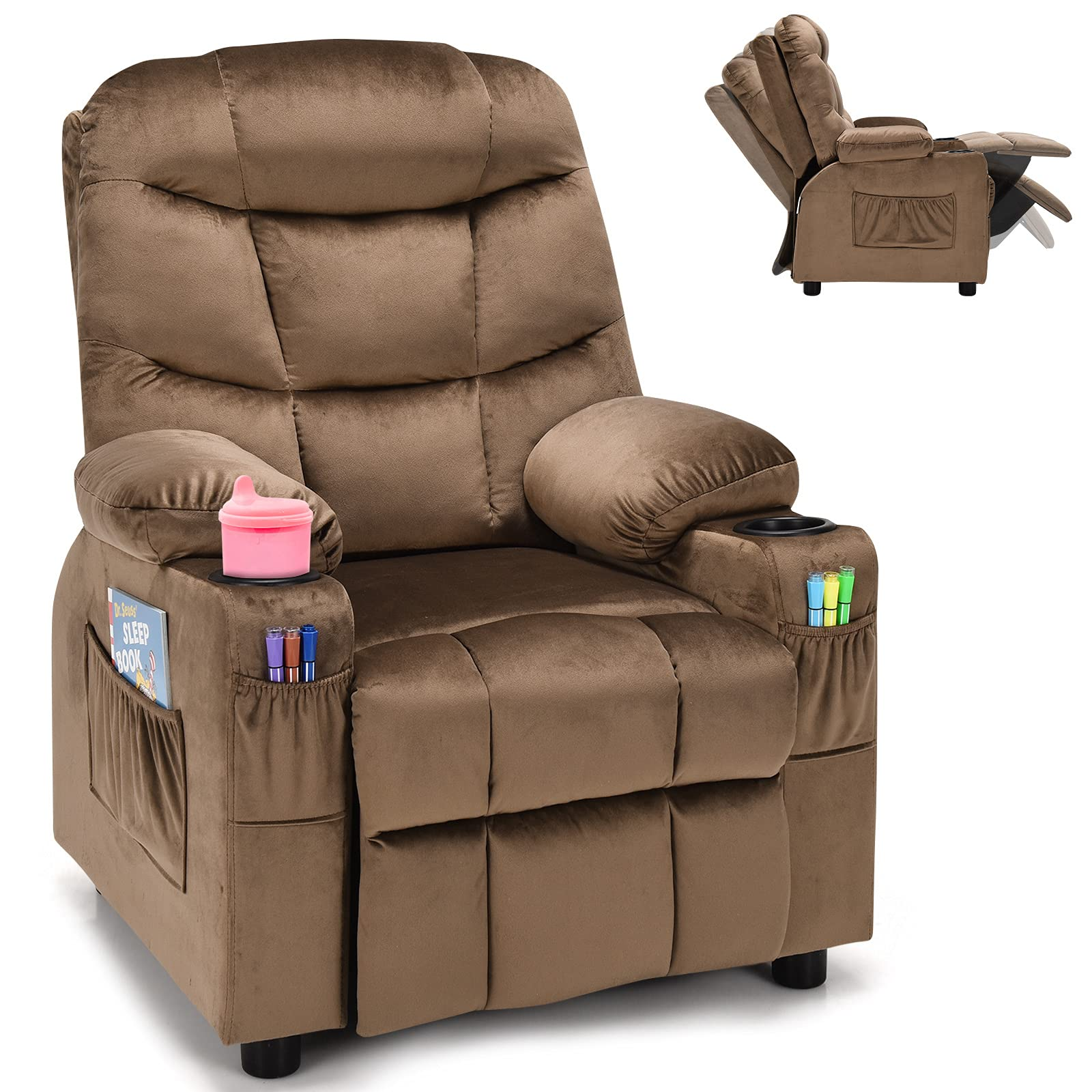 Kids Recliner Chair with Cup Holder, Adjustable Velvet Lounge, Ergonomic Toddler Sofa