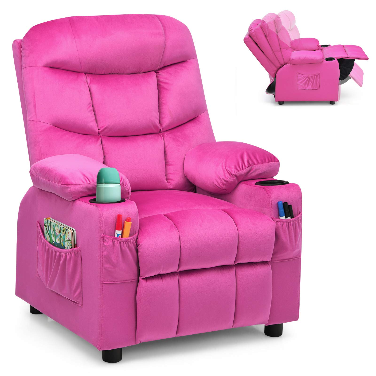 Kids Recliner Chair with Cup Holder, Adjustable Velvet Lounge, Ergonomic Toddler Sofa