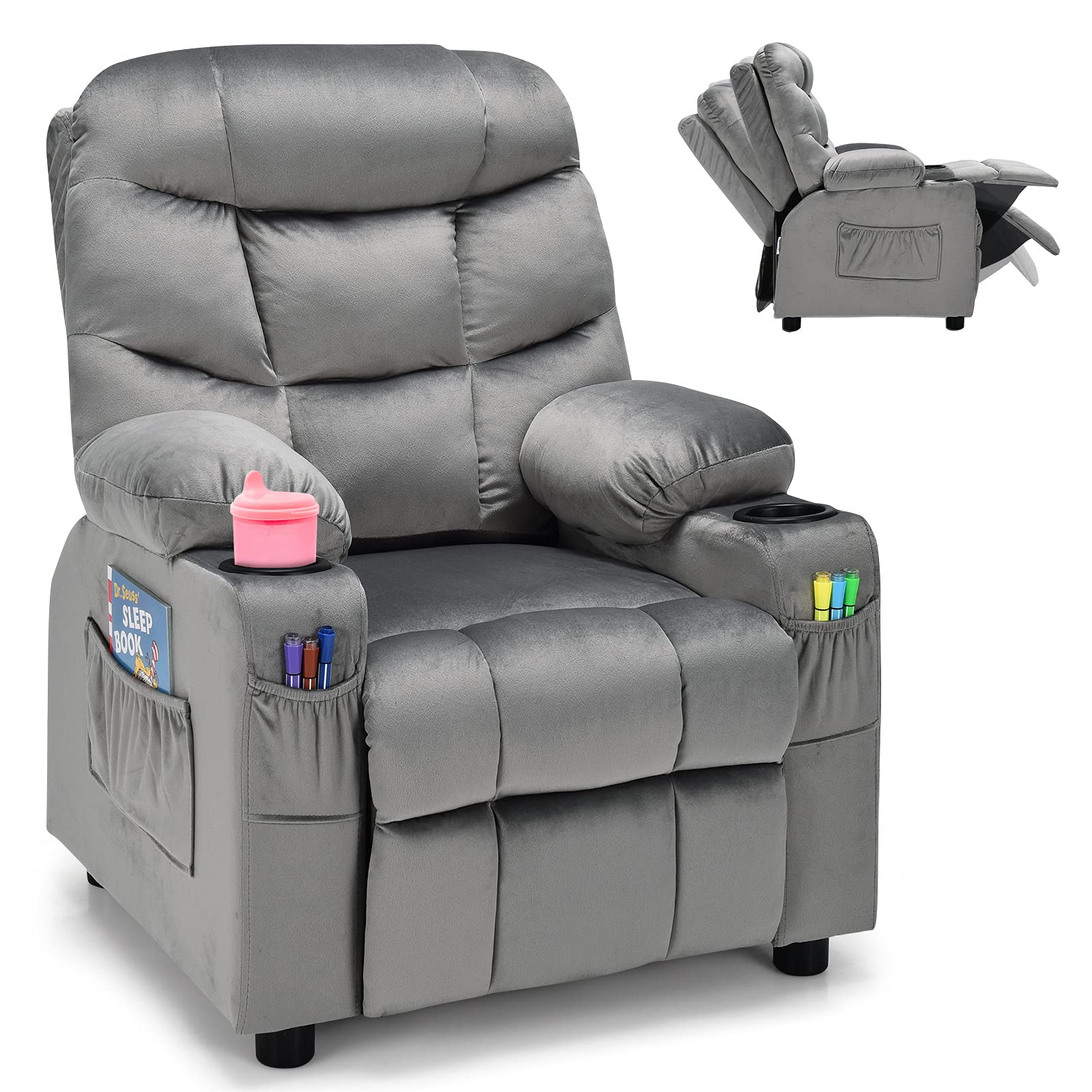 Kids Recliner Chair with Cup Holder, Adjustable Velvet Lounge, Ergonomic Toddler Sofa