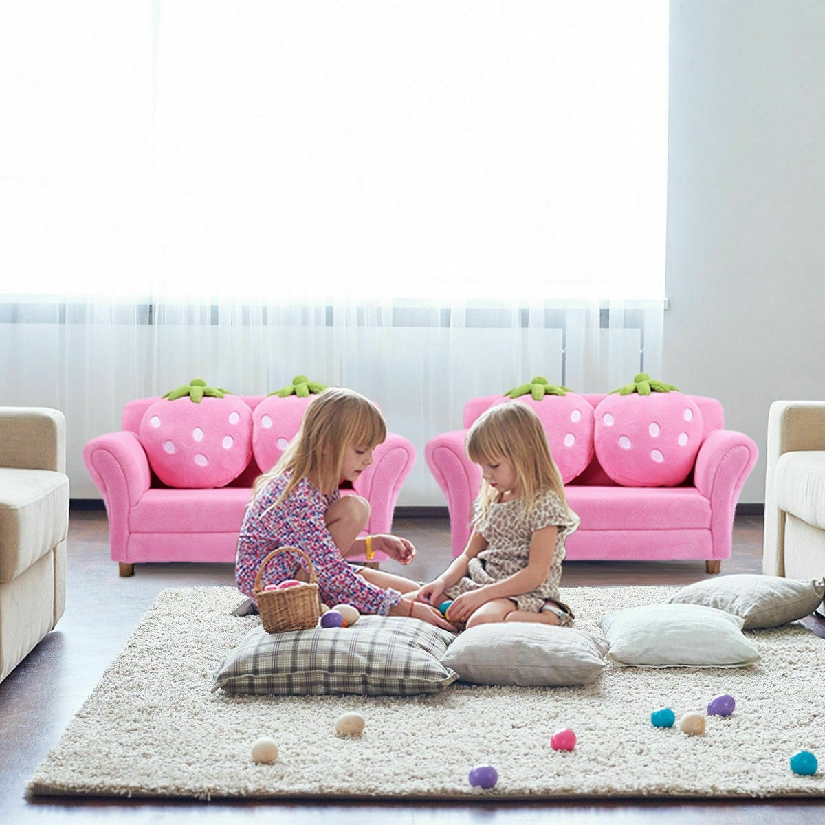 Children’s Sofa with 2 Strawberry Pillows, Double Armrest Seats