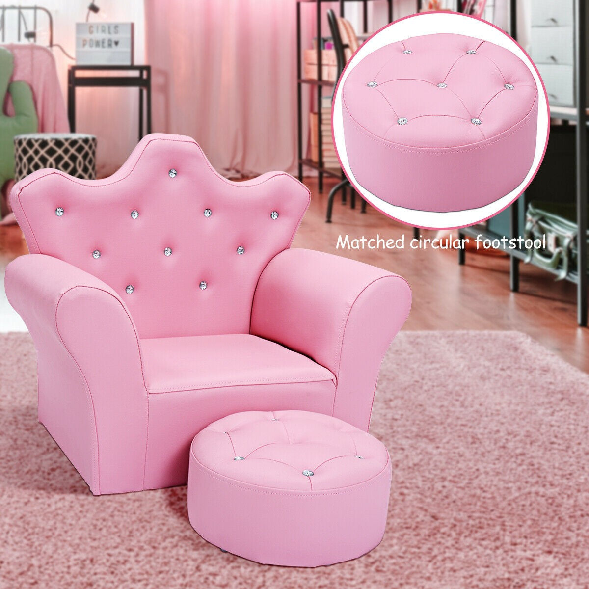 Princess Upholstered Kids Sofa with Ottoman, Diamond Decoration