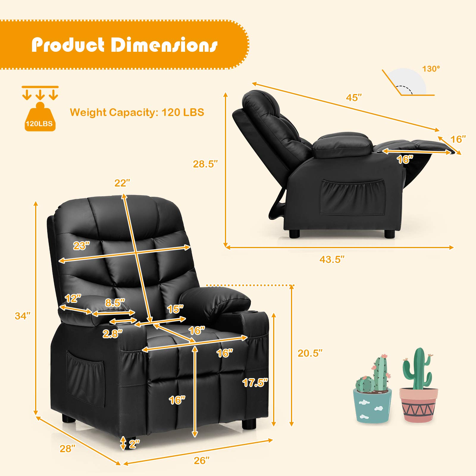 Kids Recliner Chair with Cup Holder, Adjustable Leather Lounge with Footrest & Side Pockets