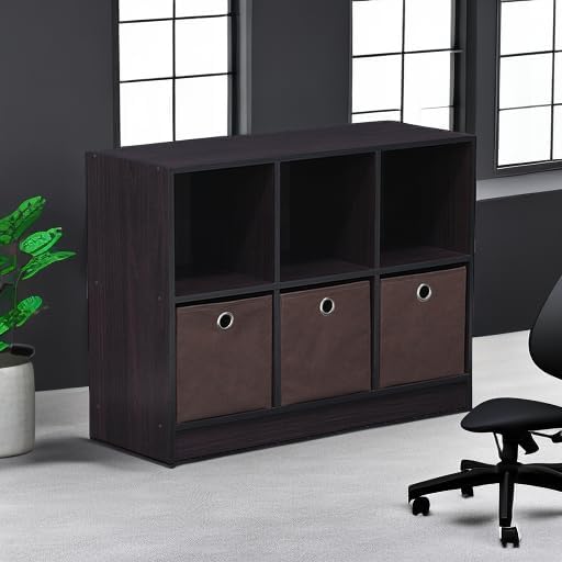 3x2 Cube Storage Bookcase Organizer with Bins, French Oak Grey/Black