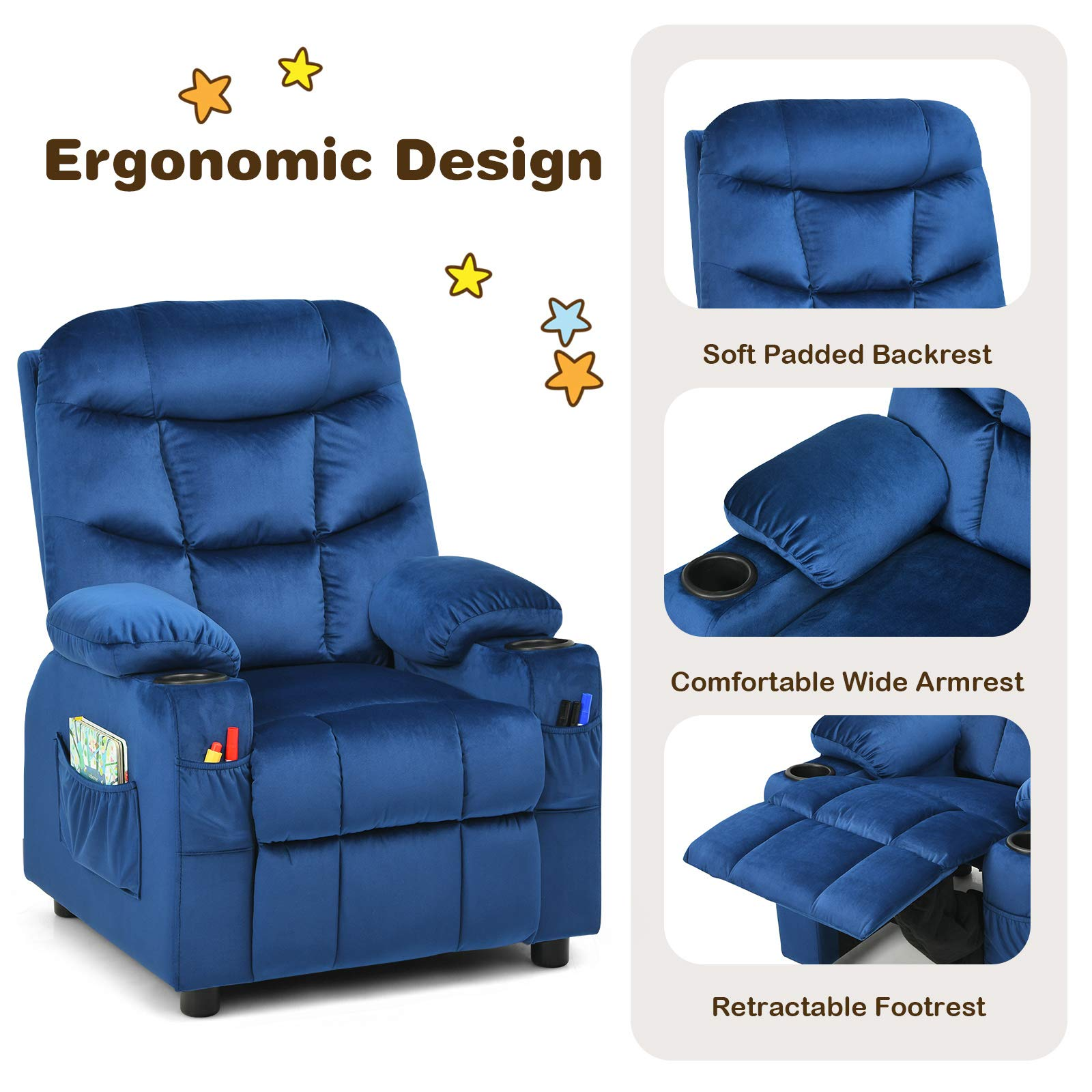 Kids Recliner Chair with Cup Holder, Adjustable Velvet Lounge, Ergonomic Toddler Sofa