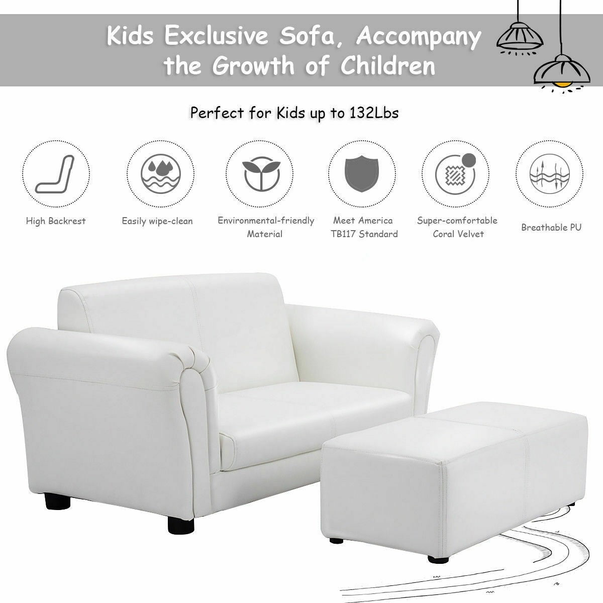 2-Seat Kids Armrest Sofa with Footstool, Toddler Lounge Chair