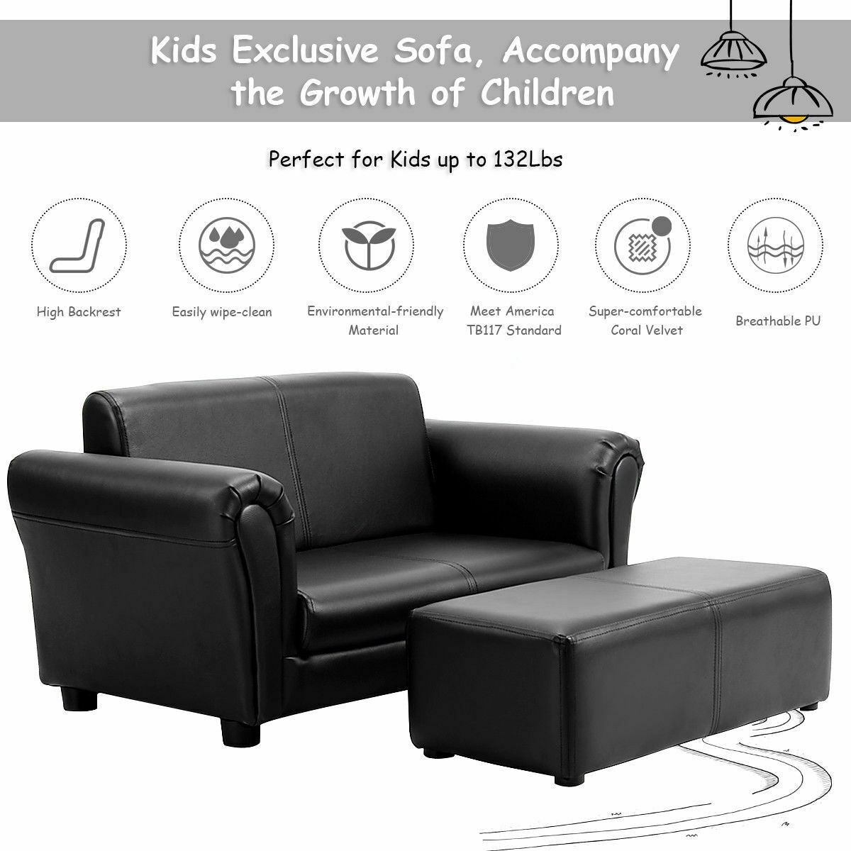 2-Seat Kids Armrest Sofa with Footstool, Toddler Lounge Chair