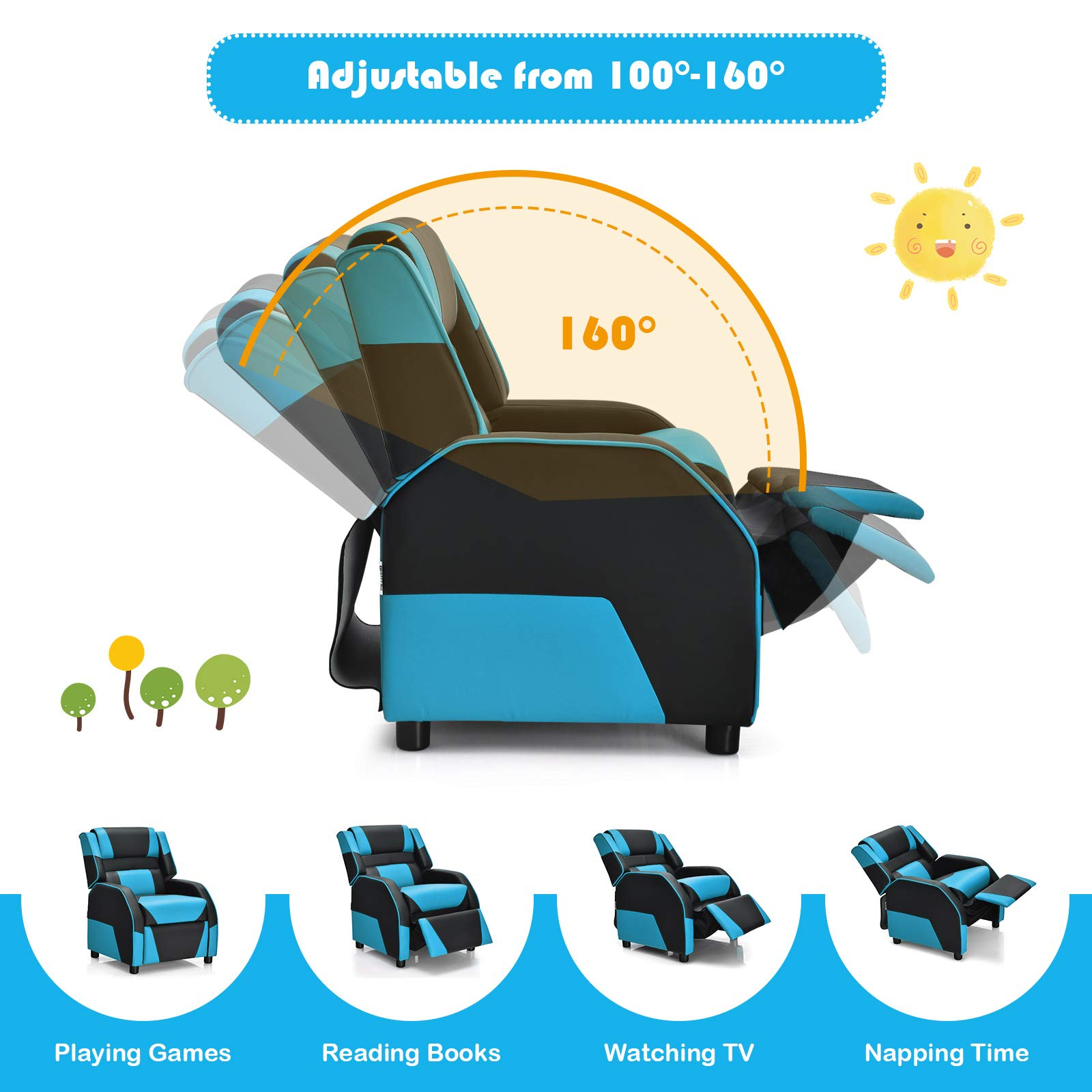 Kids Gaming Recliner Chair, Adjustable Leather Lounge, Ergonomic