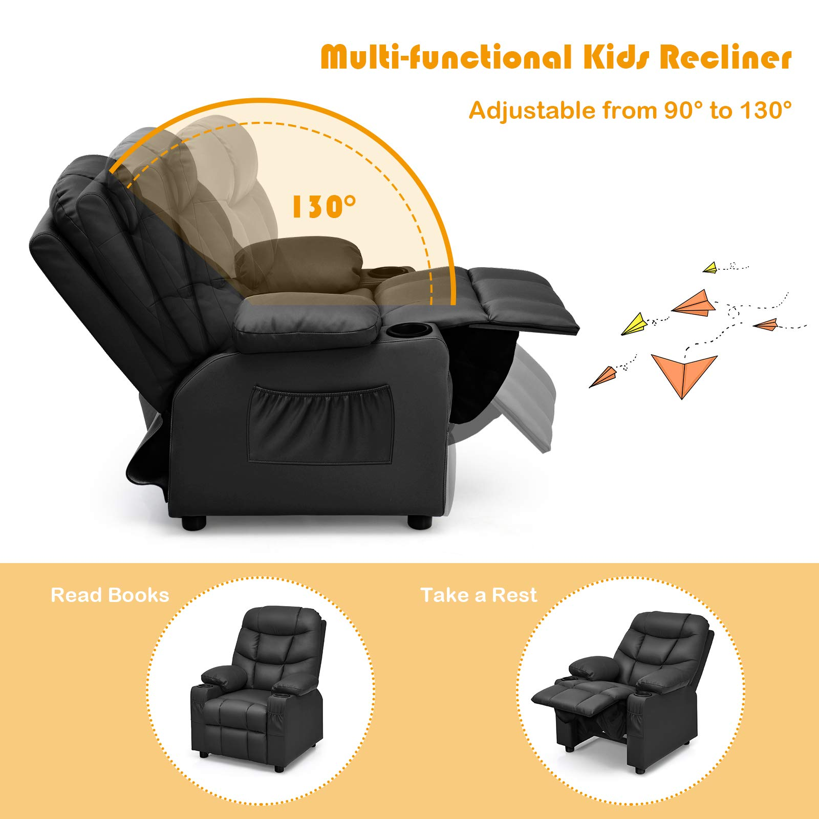 Kids Recliner Chair with Cup Holder, Adjustable Leather Lounge with Footrest & Side Pockets