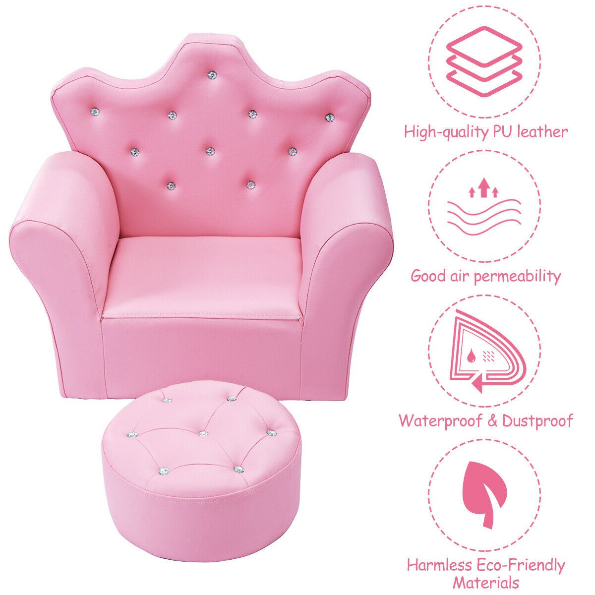 Princess Upholstered Kids Sofa with Ottoman, Diamond Decoration