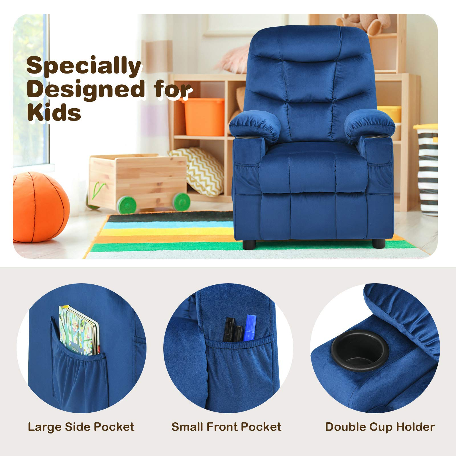 Kids Recliner Chair with Cup Holder, Adjustable Velvet Lounge, Ergonomic Toddler Sofa