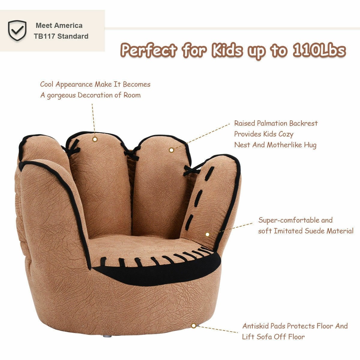Baseball Glove Toddler Sofa, Solid Wood Frame, Kids Chair