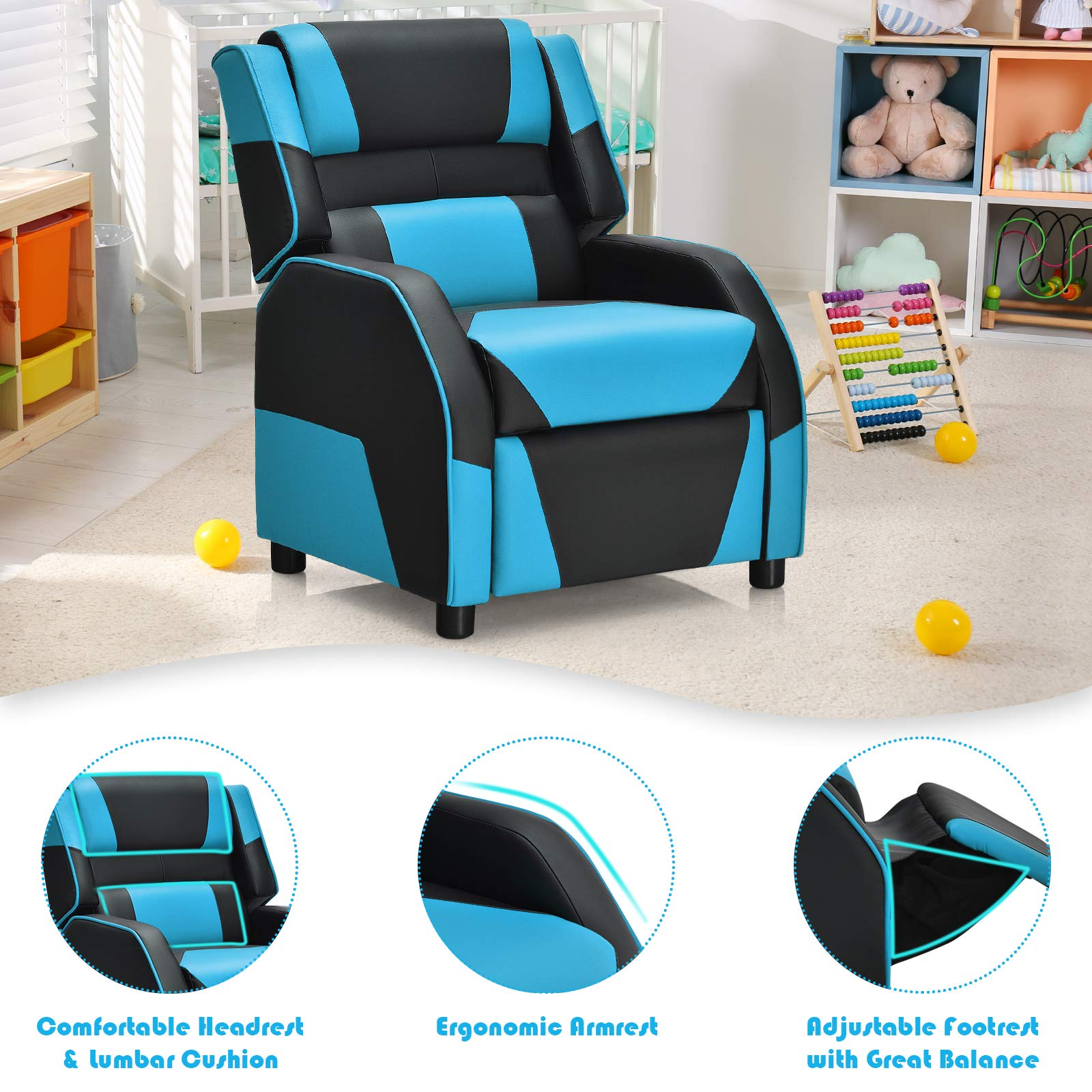Kids Gaming Recliner Chair, Adjustable Leather Lounge, Ergonomic