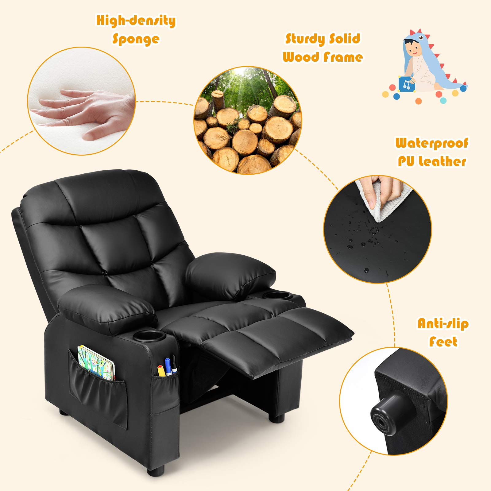 Kids Recliner Chair with Cup Holder, Adjustable Leather Lounge with Footrest & Side Pockets