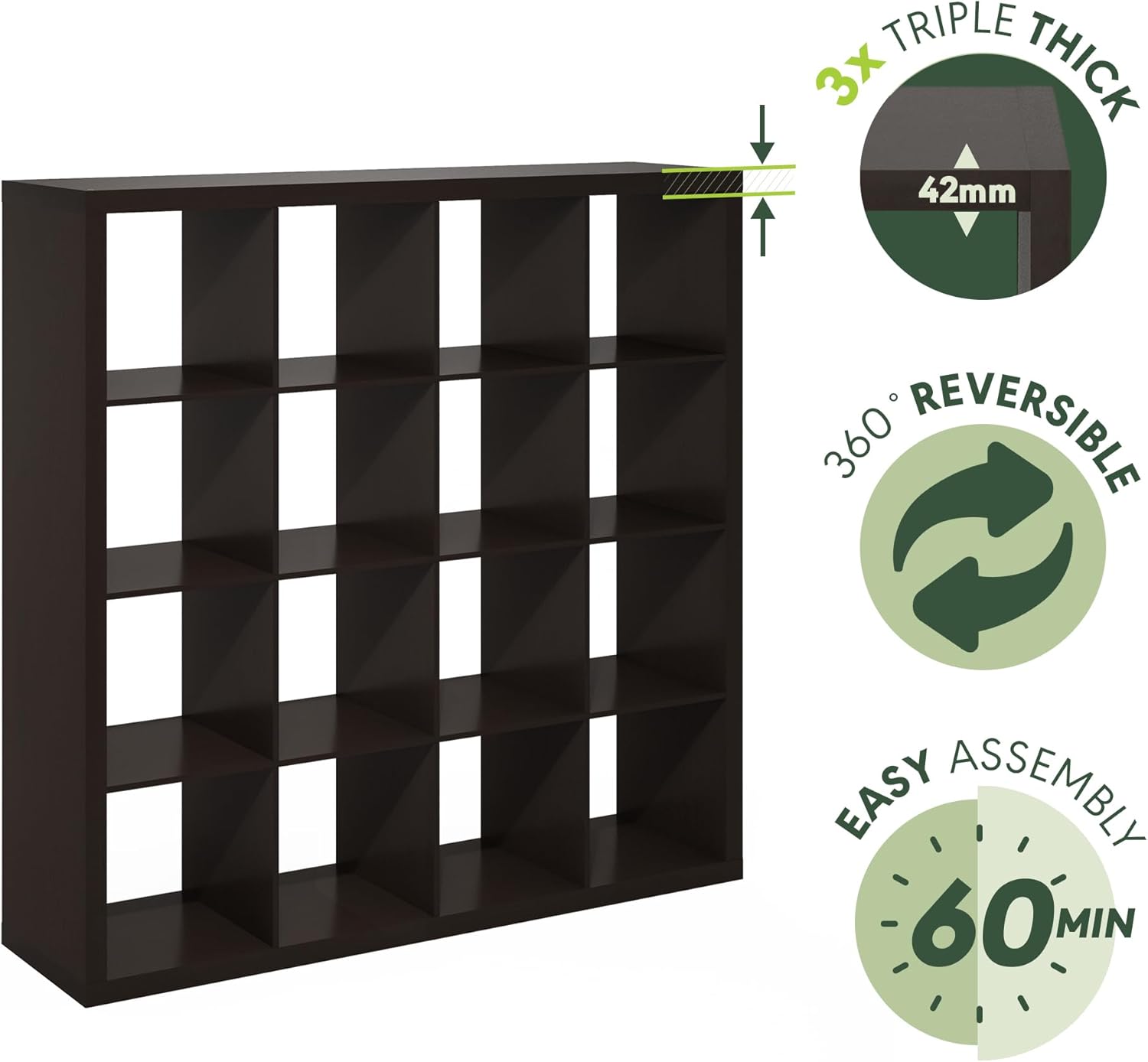 16-Cube Bookshelf, Triple Thick Frame, Black Dark Oak, Storage for Living Room & Home Office