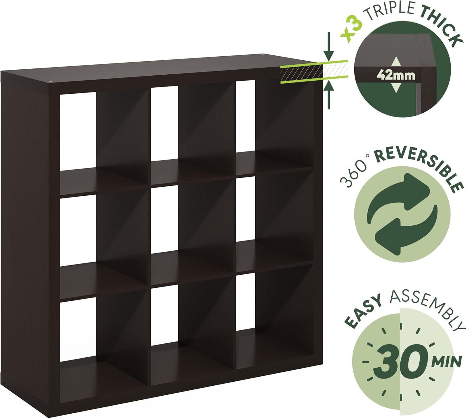 16-Cube Bookshelf, Triple Thick Frame, Black Dark Oak, Storage for Living Room & Home Office