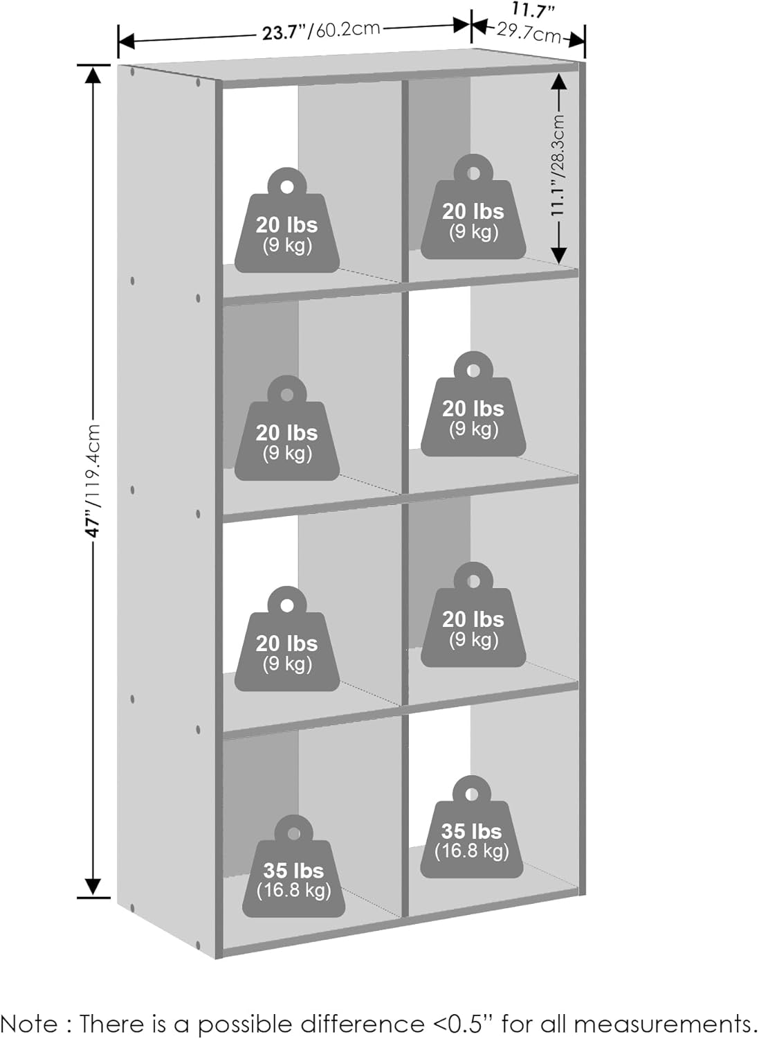 8-Cube Horizontal Bookshelf, White, Cube Storage Organizer for Bedroom & Living Room