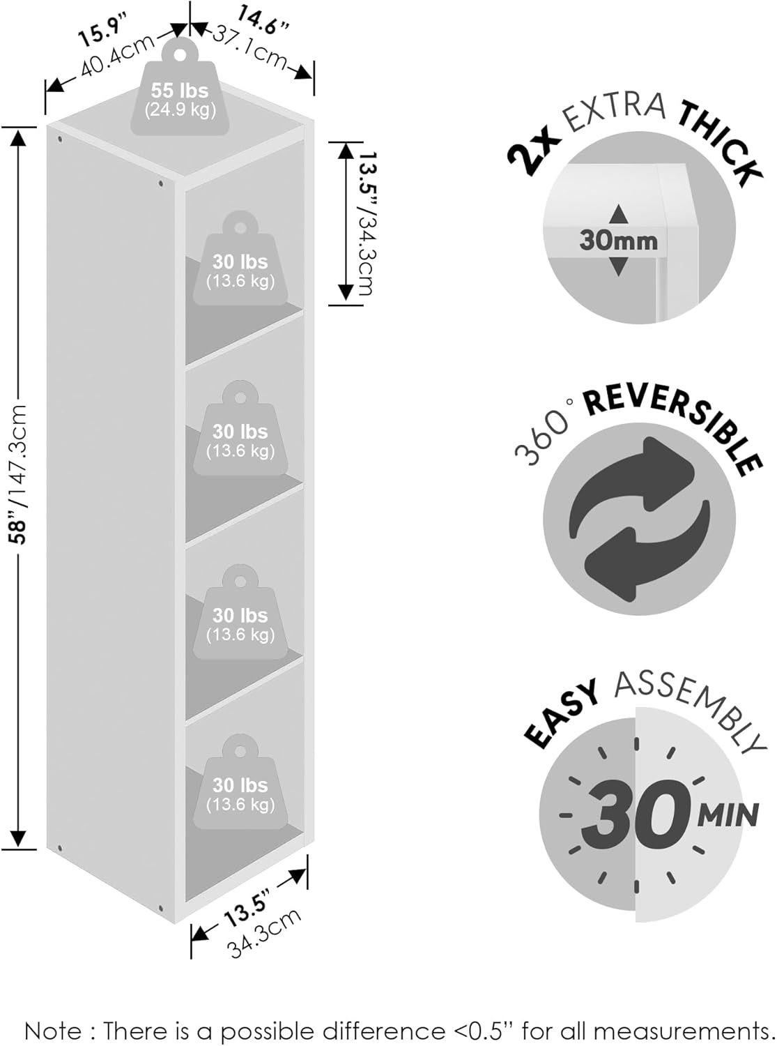 H-Shelf Cube Insert, Fits Extra Thick Cubes, White, Modular Storage Solution