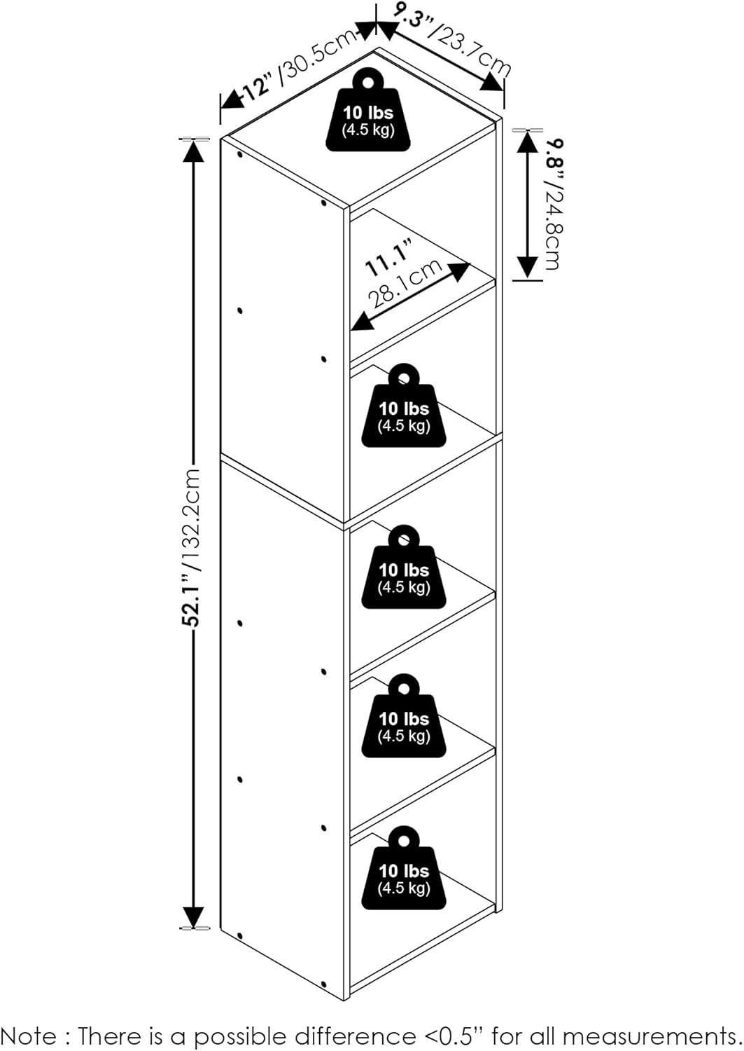 5-Cube Bookshelf, White, Reversible Bookcase for Living Room, Bedroom, Home Office