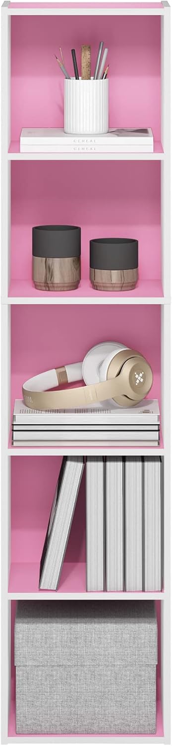 5-Cube Bookshelf, White, Reversible Bookcase for Living Room, Bedroom, Home Office