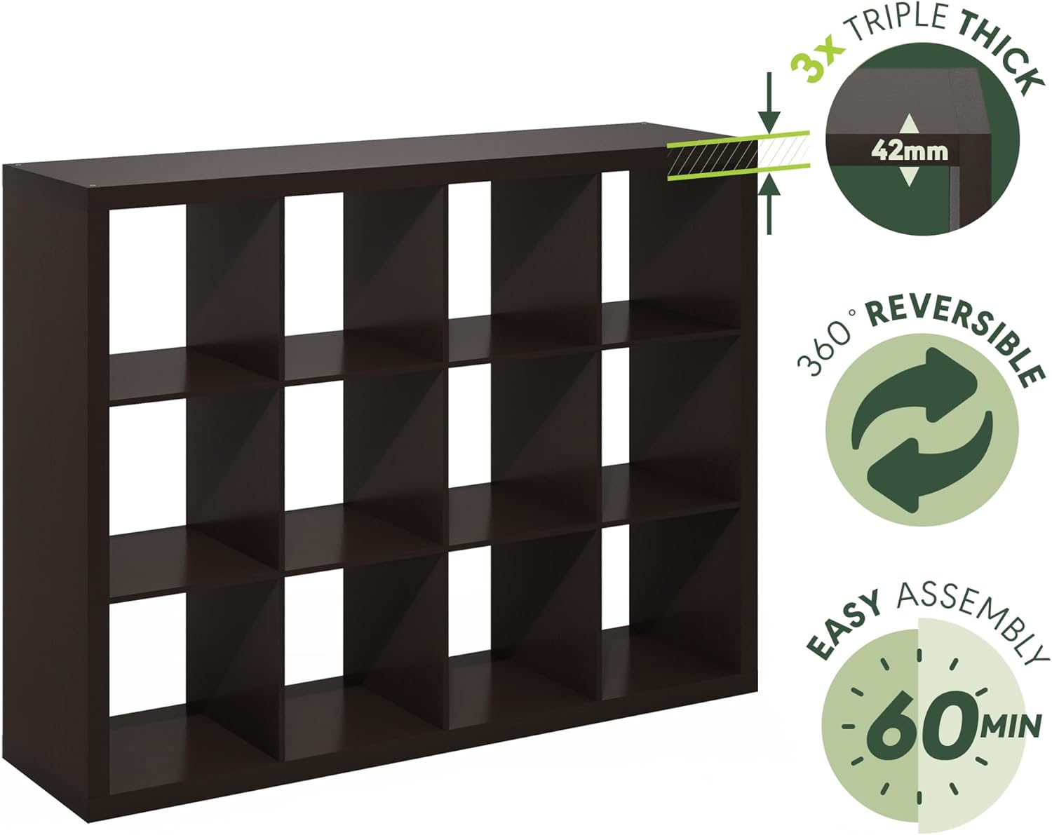 16-Cube Bookshelf, Triple Thick Frame, Black Dark Oak, Storage for Living Room & Home Office