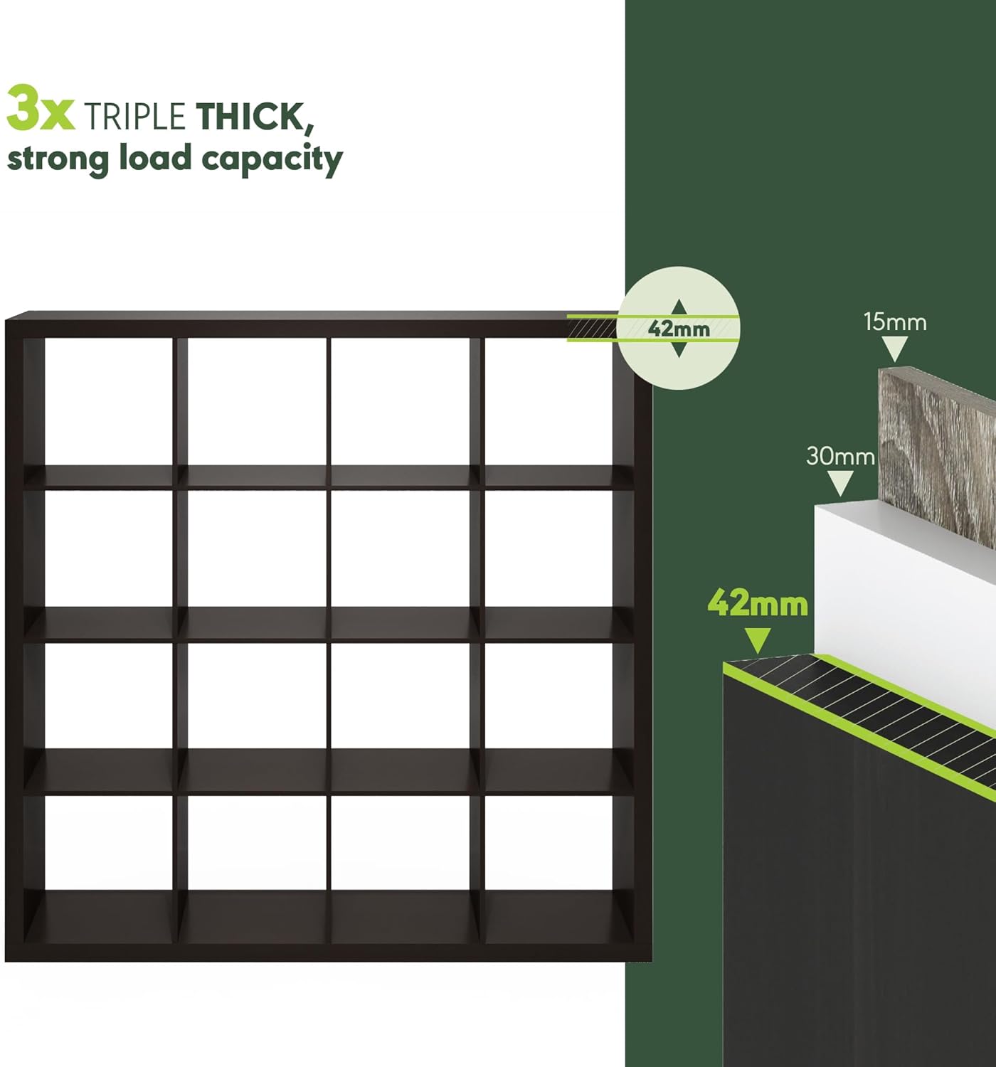 16-Cube Bookshelf, Triple Thick Frame, Black Dark Oak, Storage for Living Room & Home Office