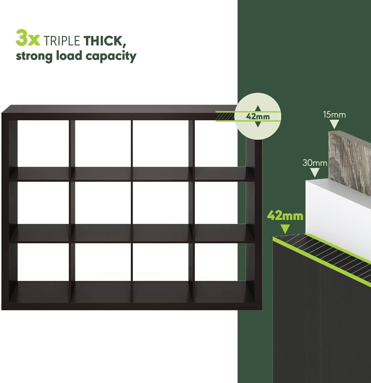 16-Cube Bookshelf, Triple Thick Frame, Black Dark Oak, Storage for Living Room & Home Office