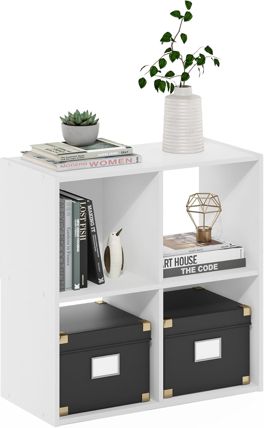 3x2 Cube Storage Bookcase Organizer with Bins, White/Black