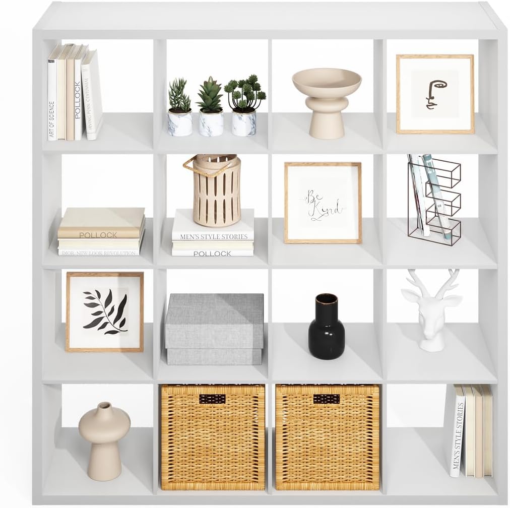 16-Cube Open Storage Shelf, Extra Thick Frame, White, Display & Organization