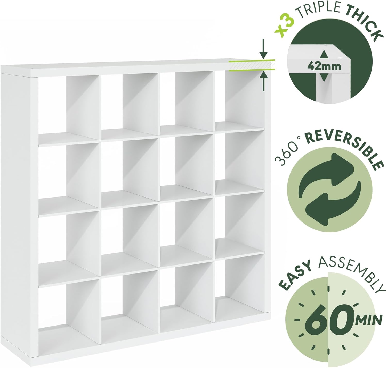 16-Cube Bookshelf, Triple Thick Frame, Black Dark Oak, Storage for Living Room & Home Office