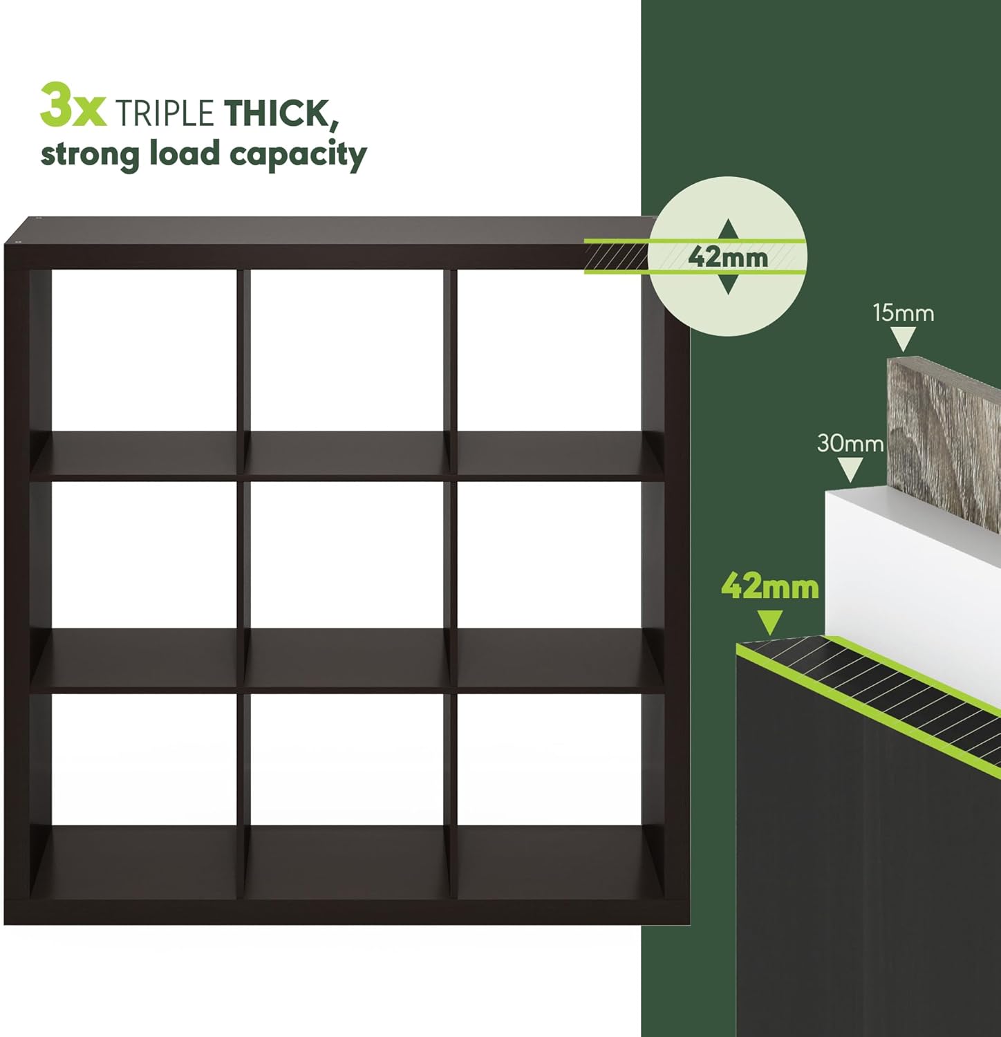 16-Cube Bookshelf, Triple Thick Frame, Black Dark Oak, Storage for Living Room & Home Office