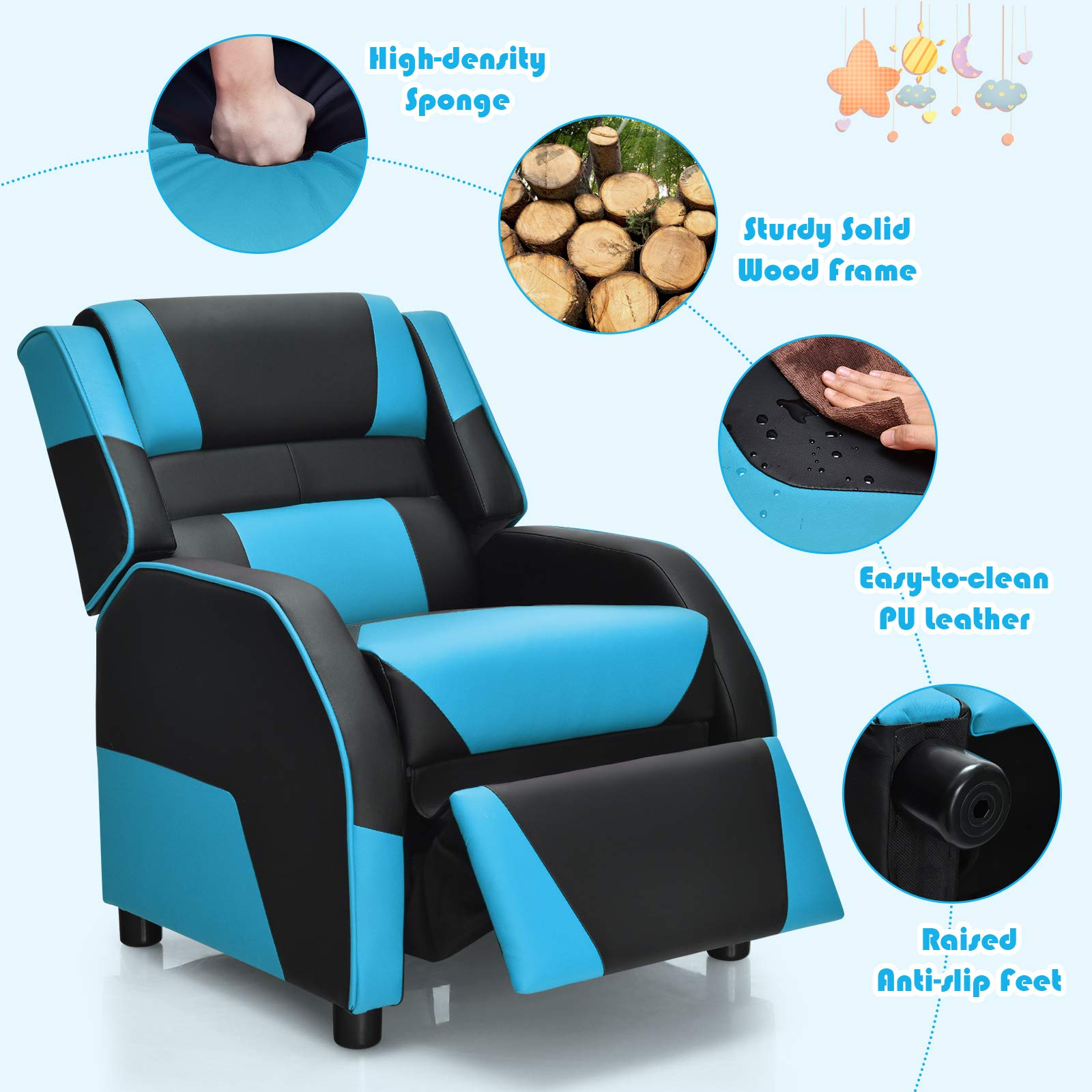 Kids Gaming Recliner Chair, Adjustable Leather Lounge, Ergonomic
