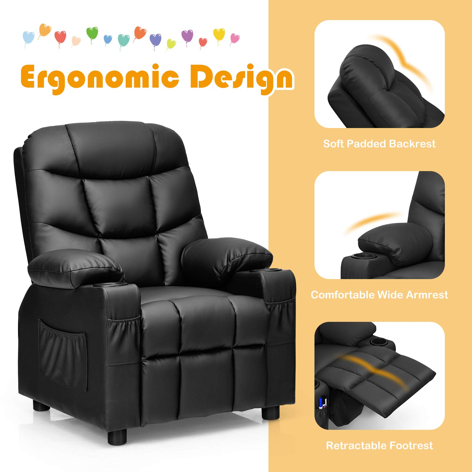 Kids Recliner Chair with Cup Holder, Adjustable Leather Lounge with Footrest & Side Pockets