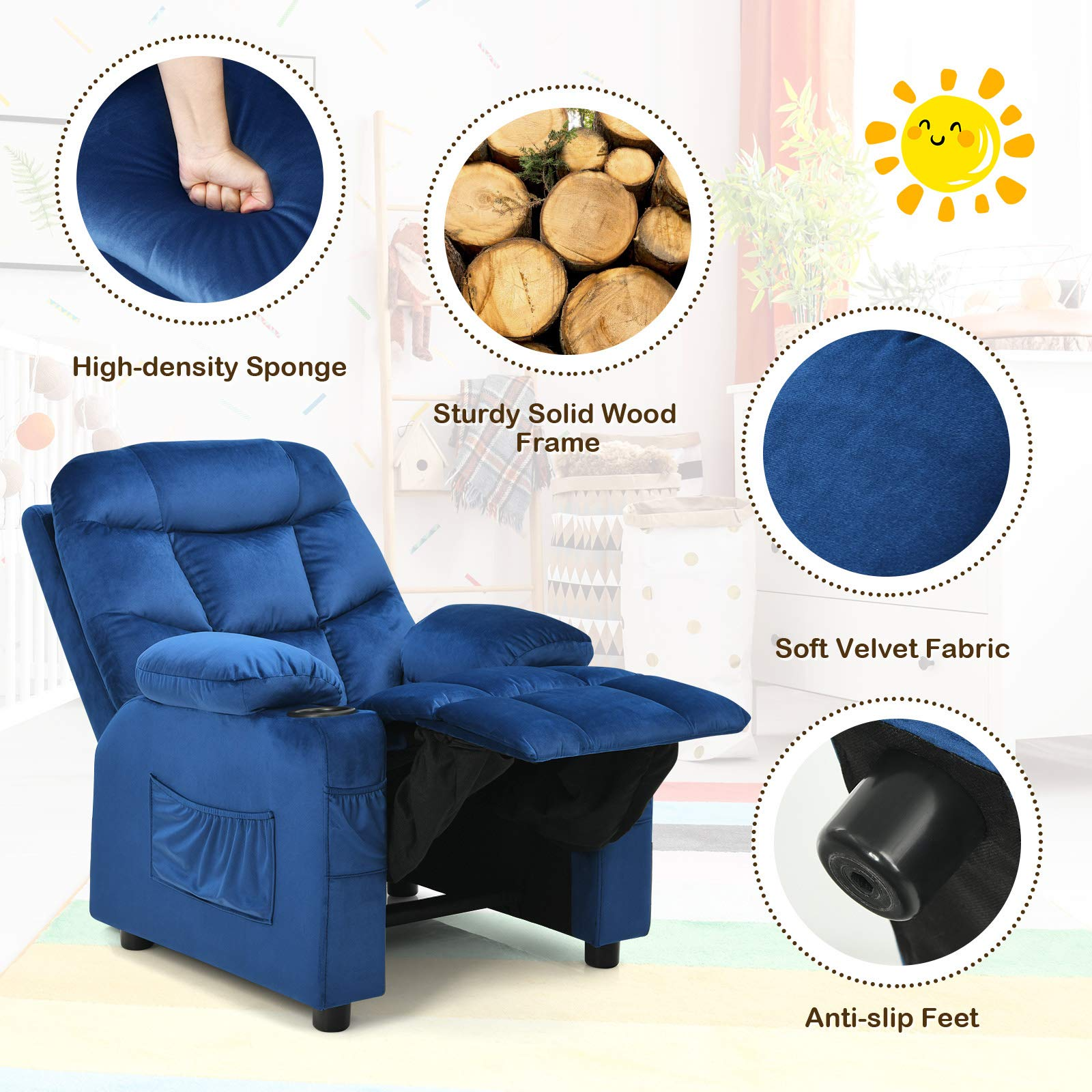 Kids Recliner Chair with Cup Holder, Adjustable Velvet Lounge, Ergonomic Toddler Sofa