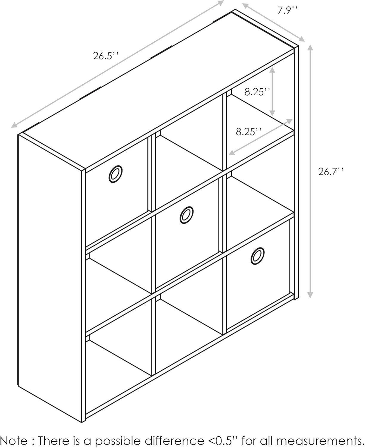 3x2 Cube Storage Bookcase Organizer with Bins, French Oak Grey/Black