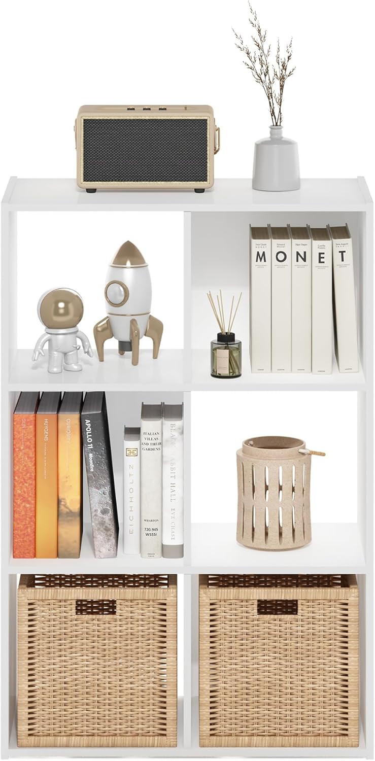 3x2 Cube Storage Bookcase Organizer with Bins, French Oak Grey/Black