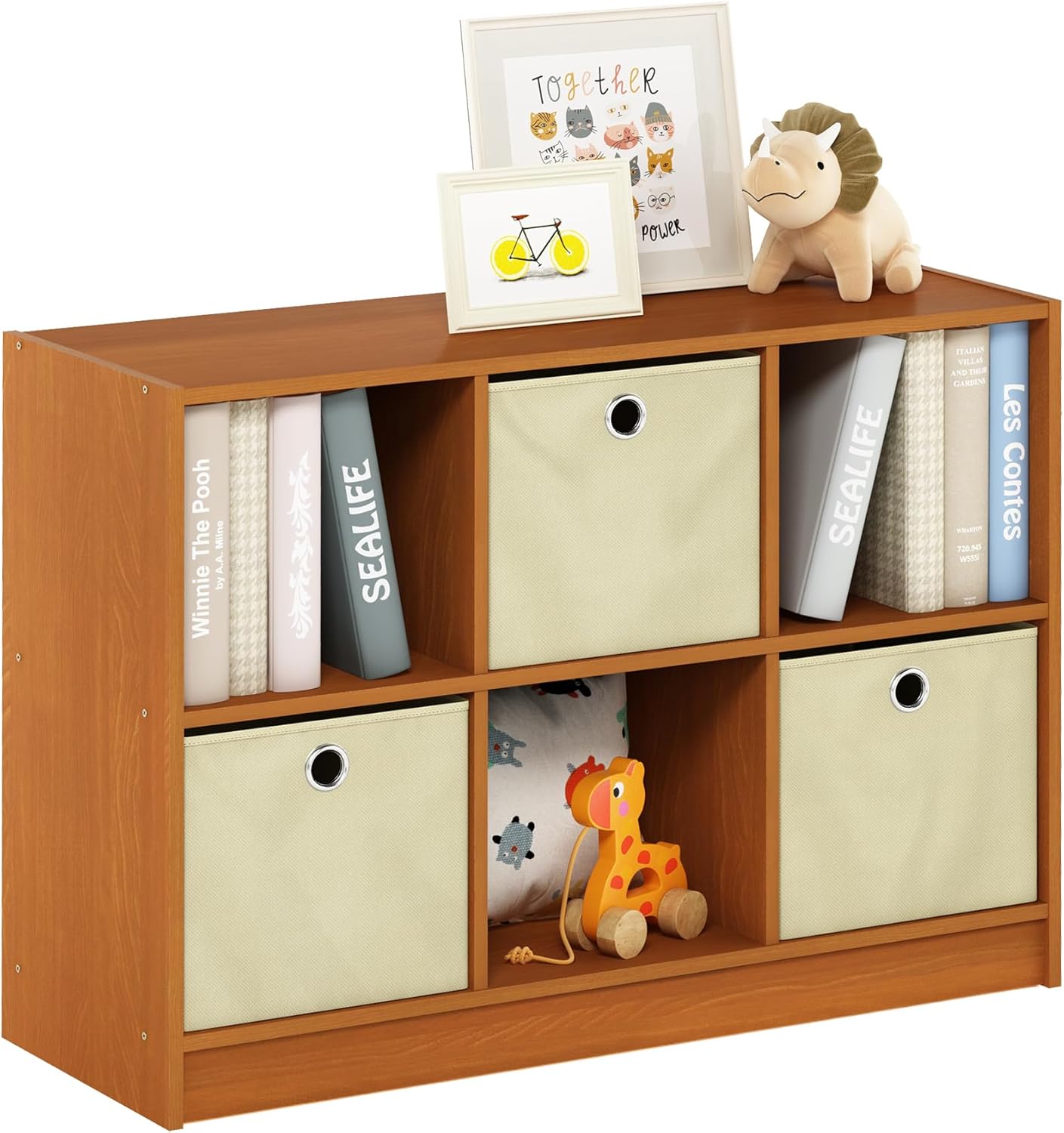 3x2 Cube Storage Bookcase Organizer with Bins, French Oak Grey/Black