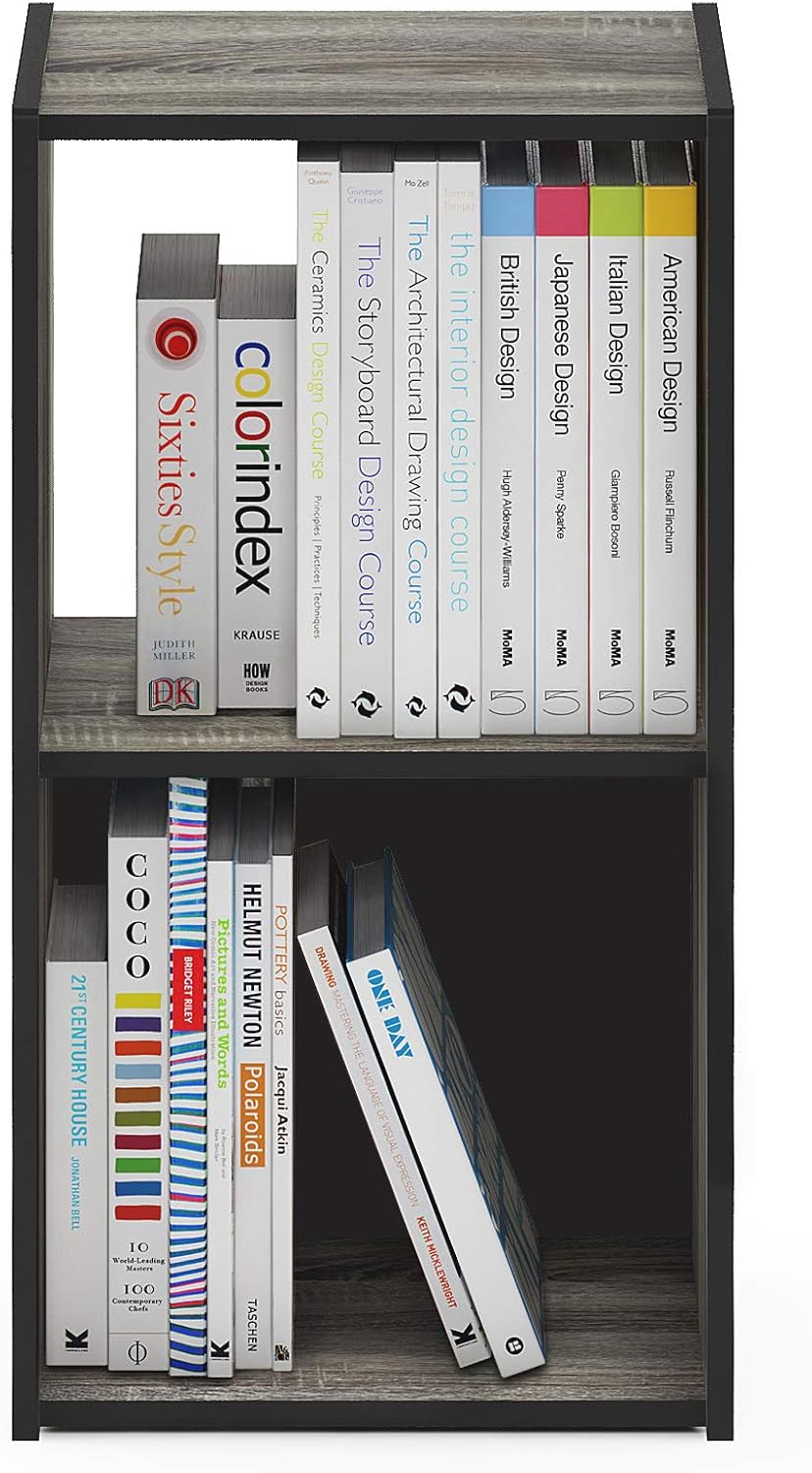 3x2 Cube Storage Bookcase Organizer with Bins, French Oak Grey/Black