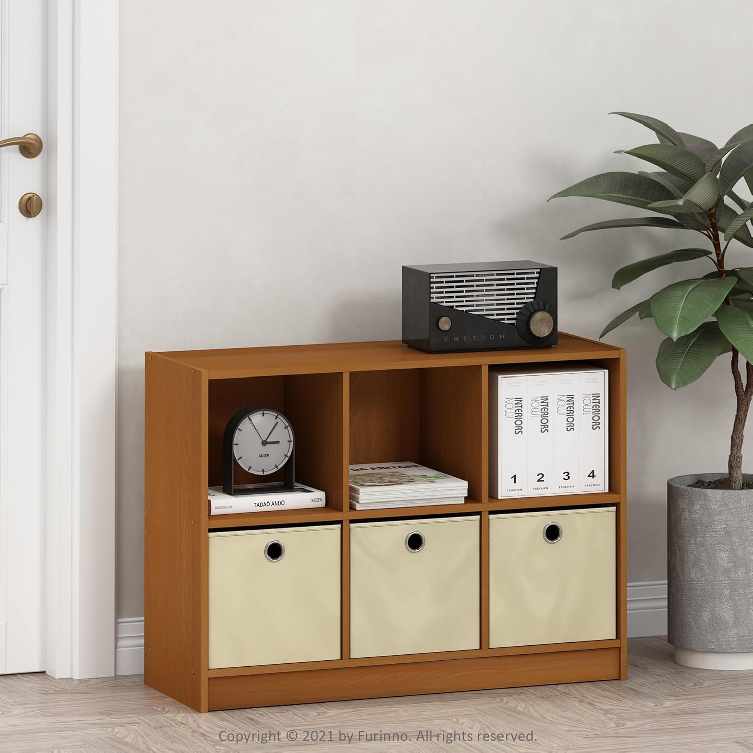 3x2 Cube Storage Bookcase Organizer with Bins, French Oak Grey/Black