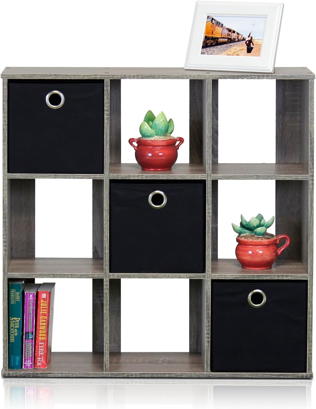 3x2 Cube Storage Bookcase Organizer with Bins, French Oak Grey/Black