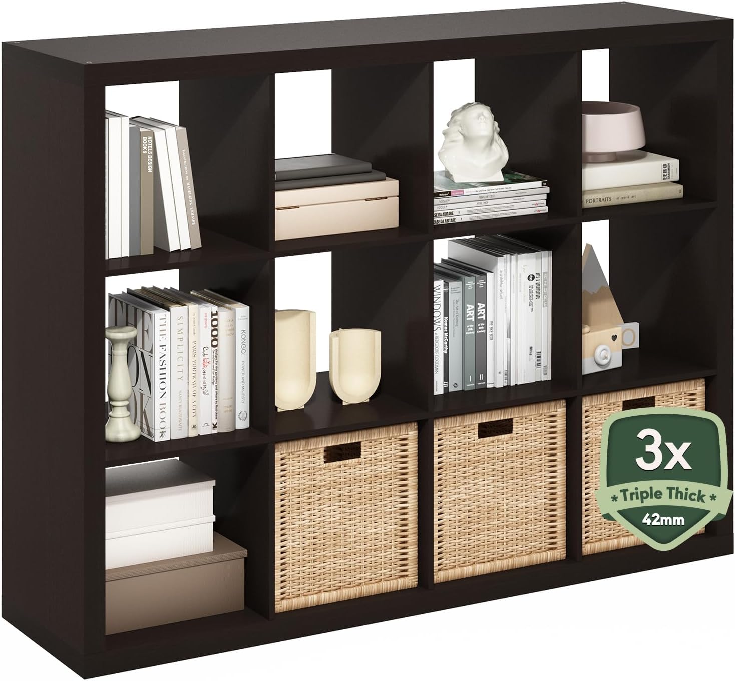 16-Cube Bookshelf, Triple Thick Frame, Black Dark Oak, Storage for Living Room & Home Office