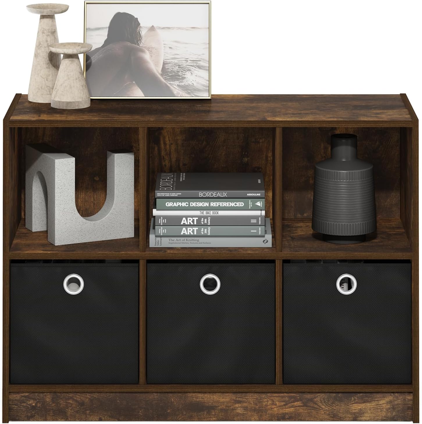 3x2 Cube Storage Bookcase Organizer with Bins, French Oak Grey/Black