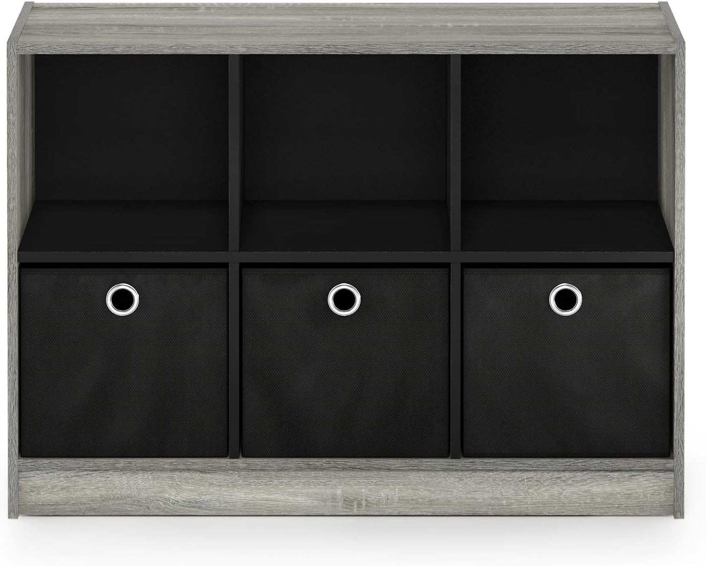 3x2 Cube Storage Bookcase Organizer with Bins, French Oak Grey/Black
