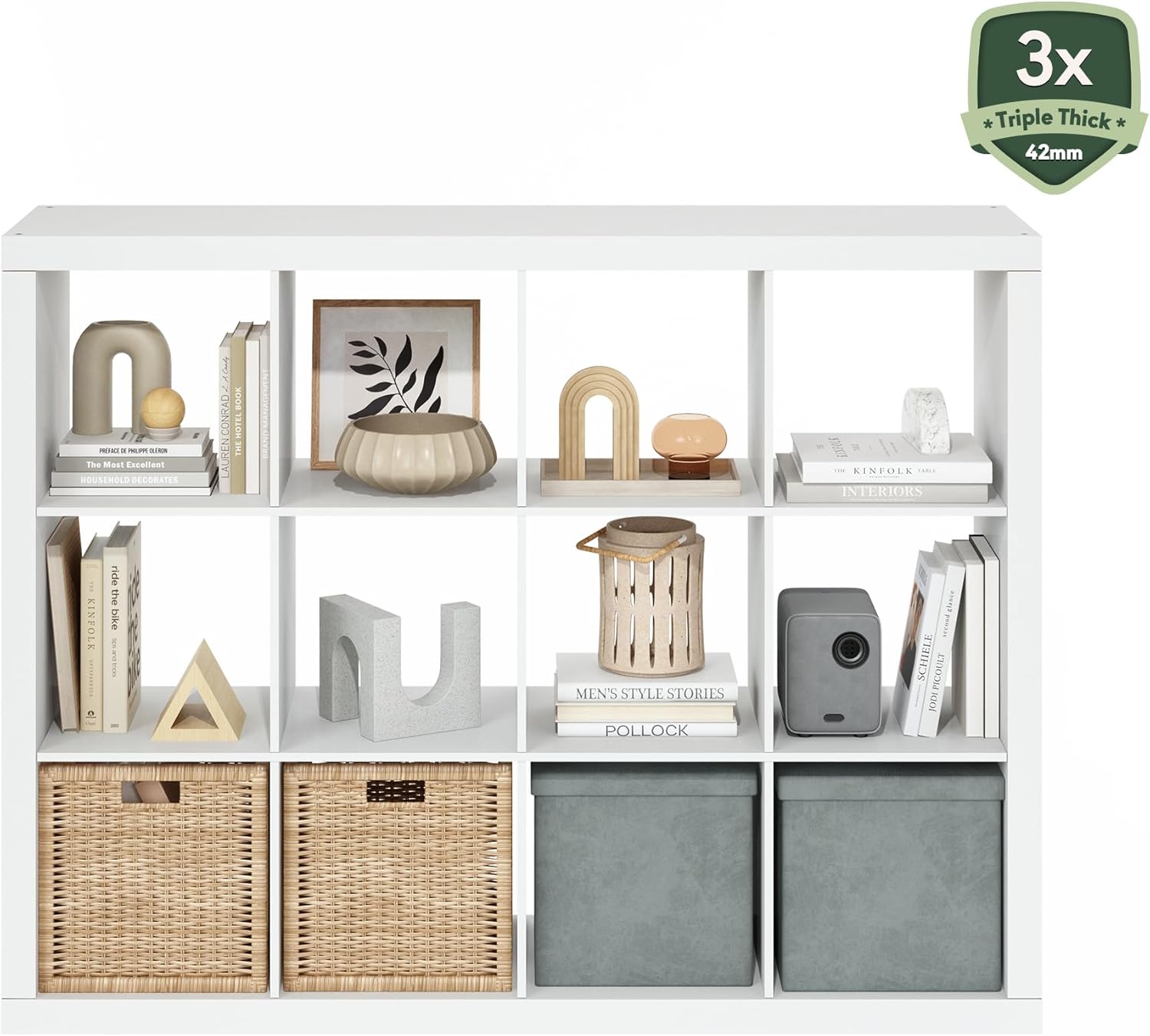 16-Cube Bookshelf, Triple Thick Frame, Black Dark Oak, Storage for Living Room & Home Office