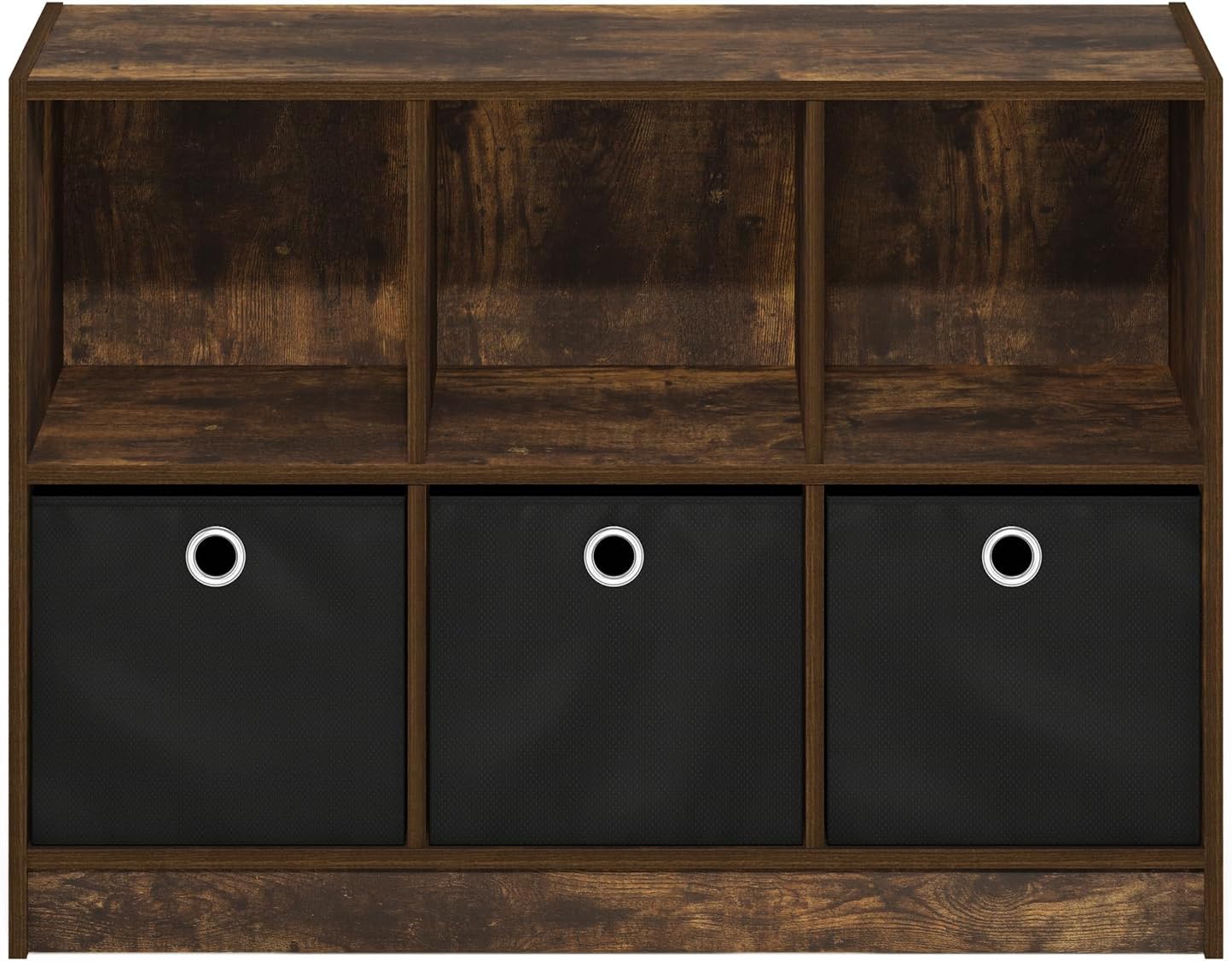 3x2 Cube Storage Bookcase Organizer with Bins, French Oak Grey/Black